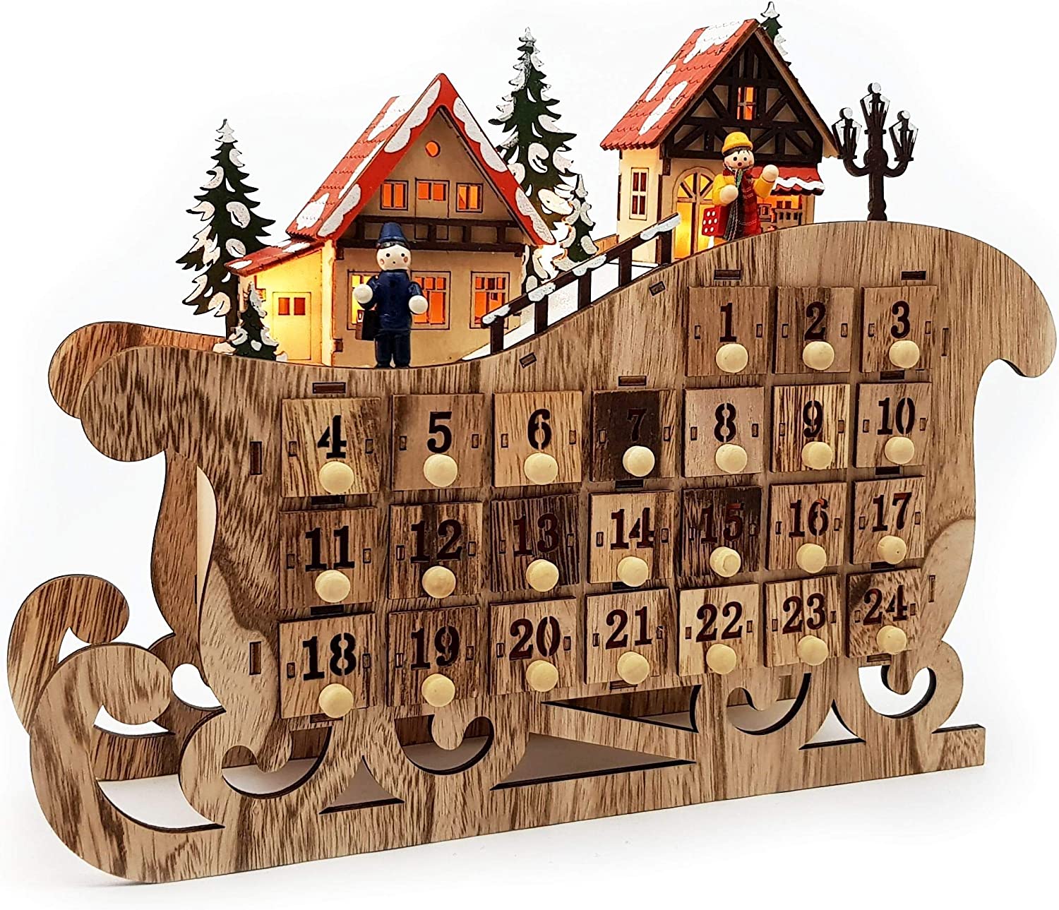 Drevený adventný kalendár v tvare saní s LED svetlom predný pohľad