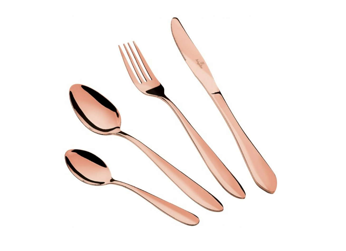 Ružovozlatý príbor Berlinger Haus ROSE GOLD – lyžica, vidlička, nôž a čajová lyžička na bielom pozadí