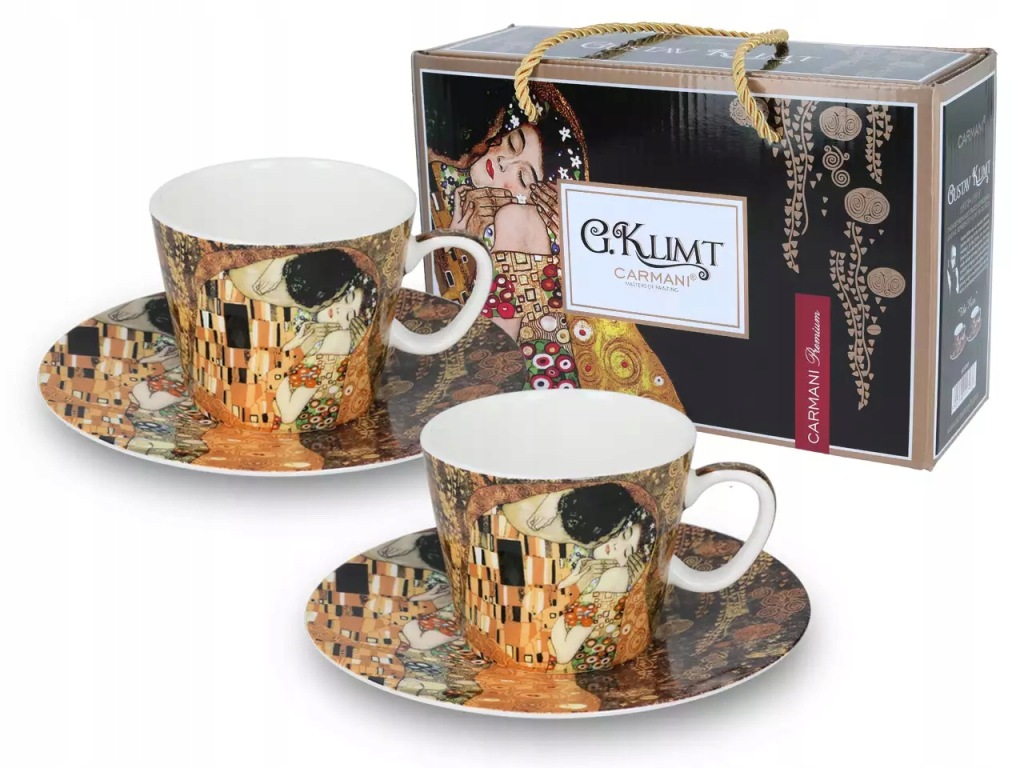 Dve porcelánové espresso šálky Carmani Klimt Bozk s podšálkami a čiernou darčekovou škatuľou