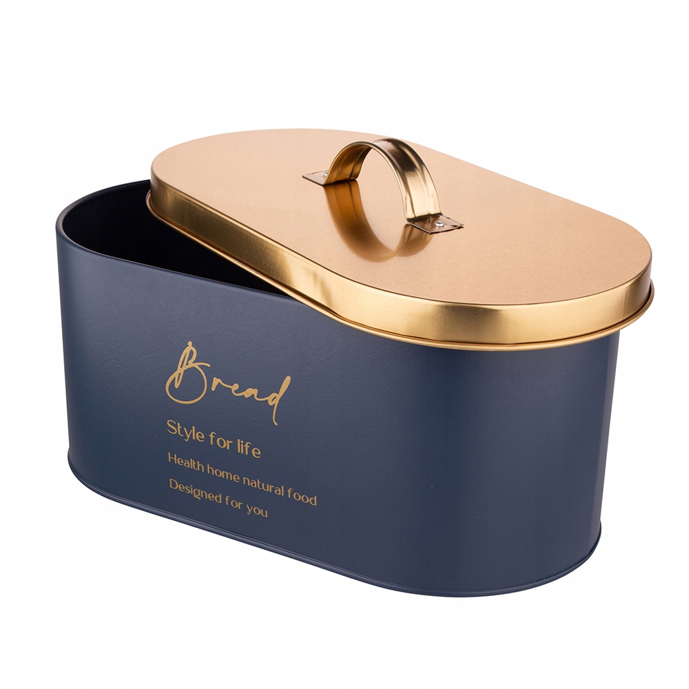 Modrý chlebník Altom Design so zlatým úchytom na bielom pozadí