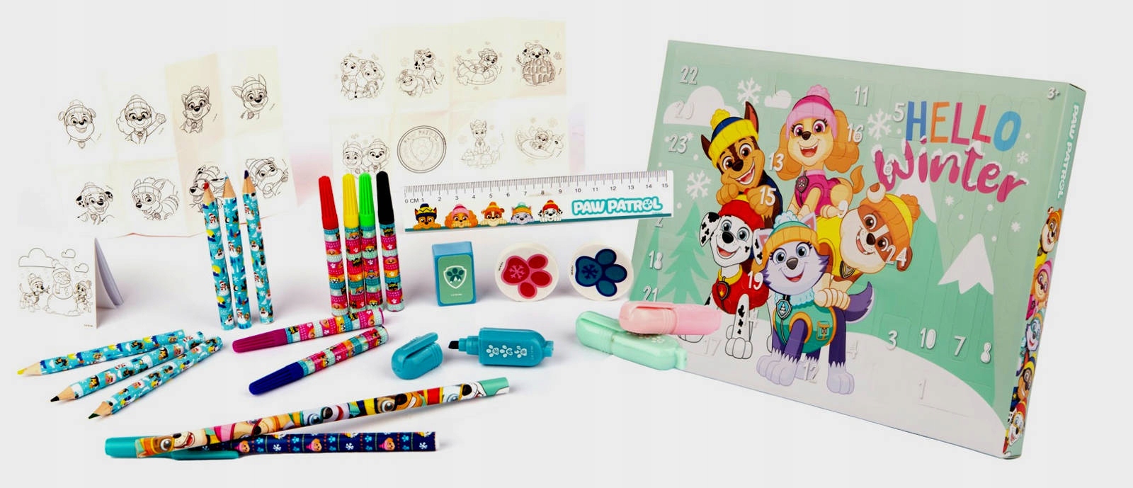 Obsah Paw Patrol adventného kalendára perá fixky a doplnky