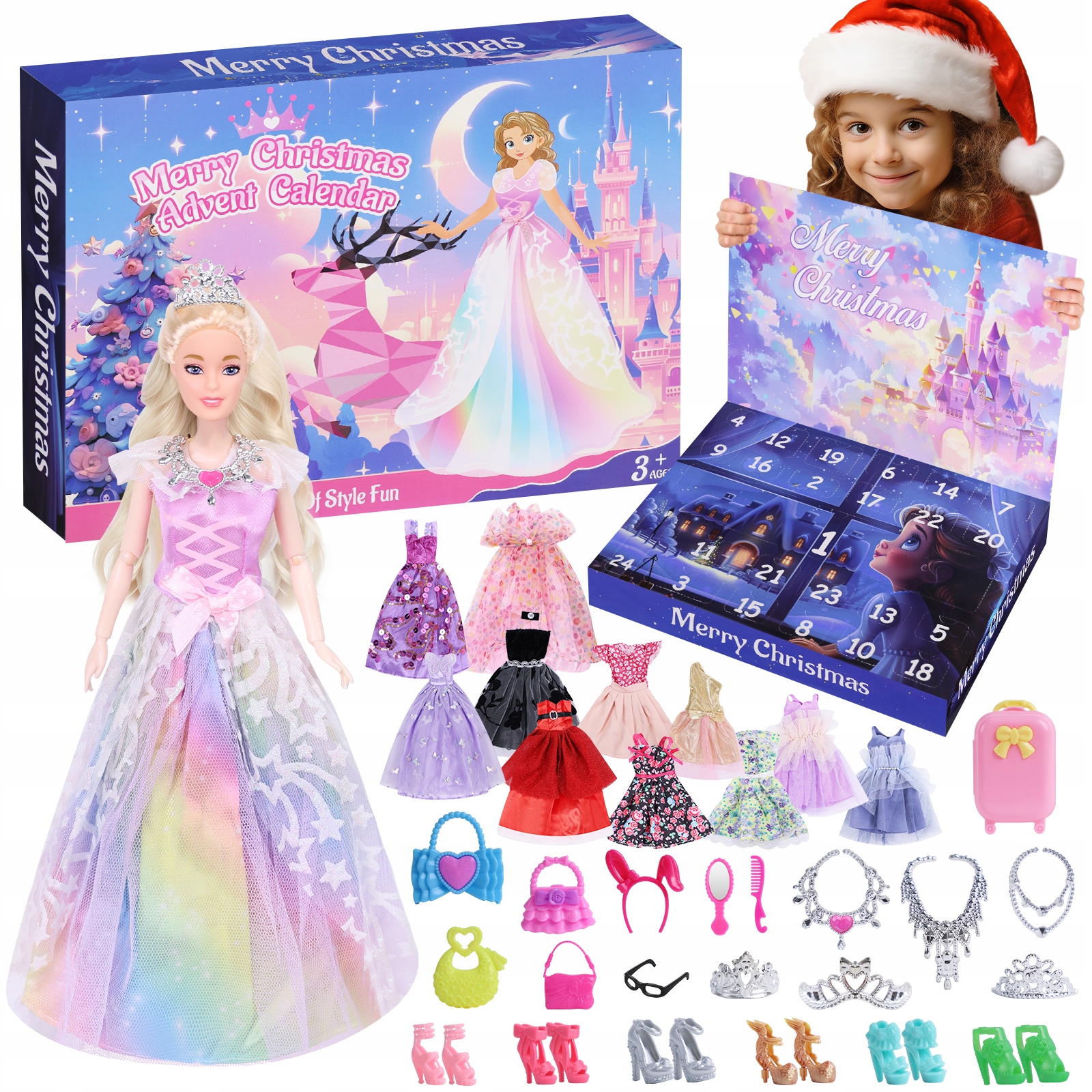 Adventný kalendár pre dievčatá s bábikou oblečením a doplnkami