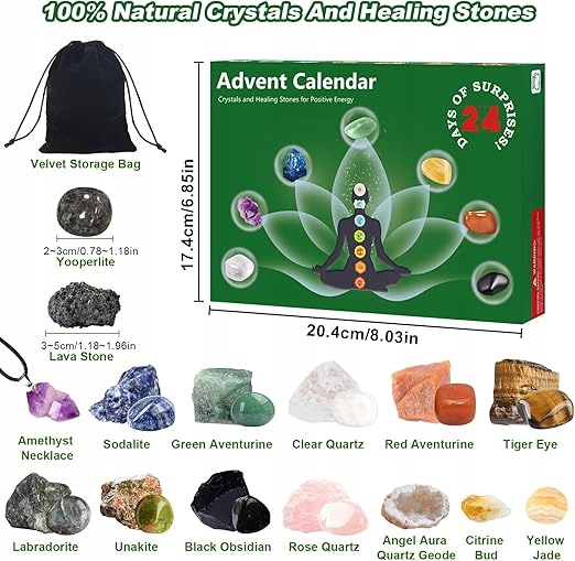 Obsah adventného kalendára s 24 minerálnymi prekvapeniami a ametystovým náhrdelníkom